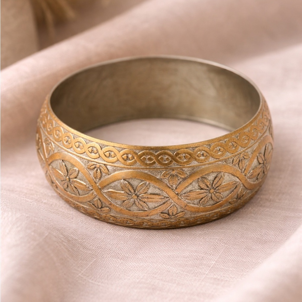 Vintage Etched Wide Bangle Bracelet Floral Scroll Copper and Silver Tone